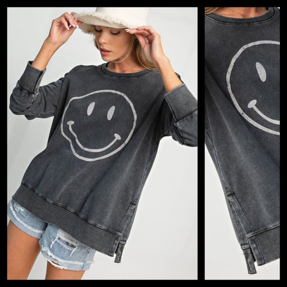 EASEL "All Smiles"  Mineral Washed 100% Soft Cotton Terry Knit Tunic Side Slits - Picture 10 of 11